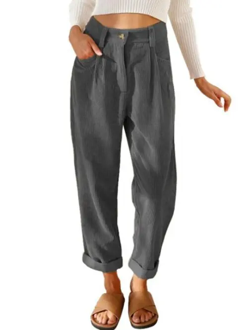 High Waist Lounge Pants – Solid Color Corduroy Loose Straight Leg Trousers