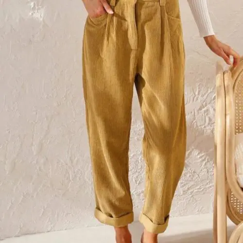High Waist Lounge Pants – Solid Color Corduroy Loose Straight Leg Trousers