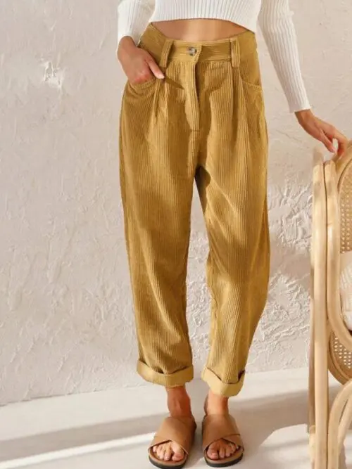 High Waist Lounge Pants – Solid Color Corduroy Loose Straight Leg Trousers