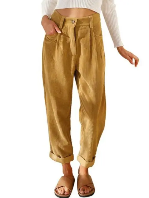 High Waist Lounge Pants – Solid Color Corduroy Loose Straight Leg Trousers
