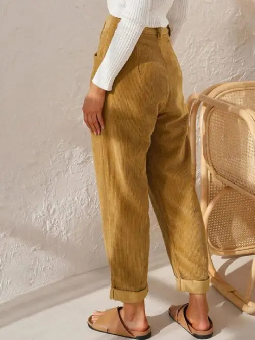 High Waist Lounge Pants – Solid Color Corduroy Loose Straight Leg Trousers