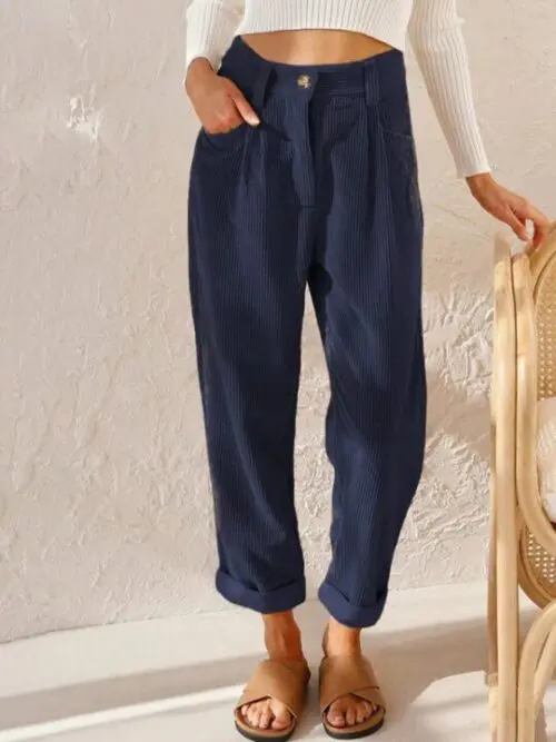 High Waist Lounge Pants – Solid Color Corduroy Loose Straight Leg Trousers