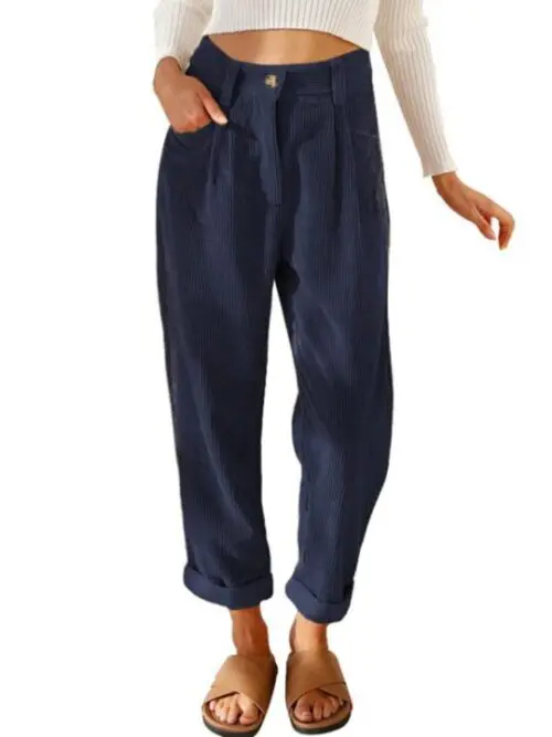 High Waist Lounge Pants – Solid Color Corduroy Loose Straight Leg Trousers