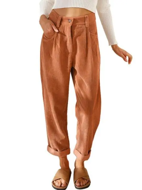 High Waist Lounge Pants – Solid Color Corduroy Loose Straight Leg Trousers