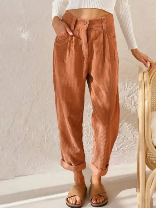 High Waist Lounge Pants – Solid Color Corduroy Loose Straight Leg Trousers
