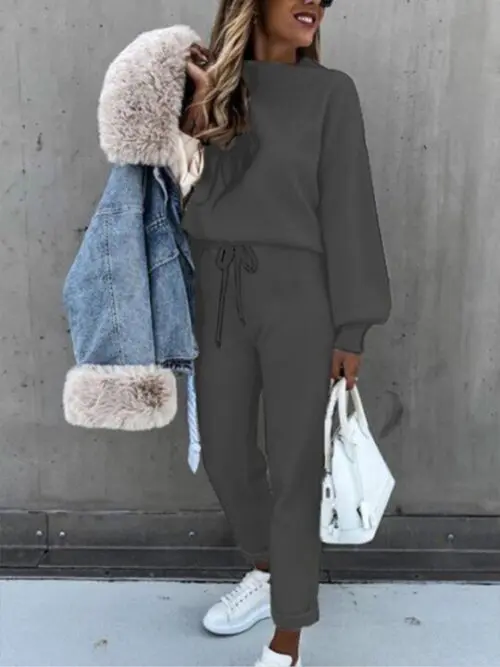 Turtleneck Solid Color Casual Suit with Long Sleeves