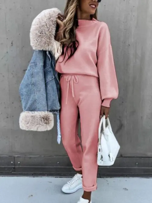 Turtleneck Solid Color Casual Suit with Long Sleeves