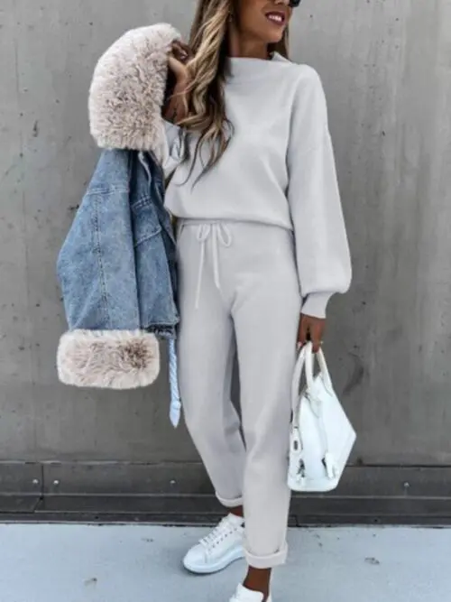 Turtleneck Solid Color Casual Suit with Long Sleeves