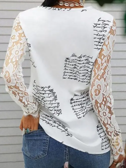 Printed Long Sleeve Shirt with Sexy Lace Trim for Women