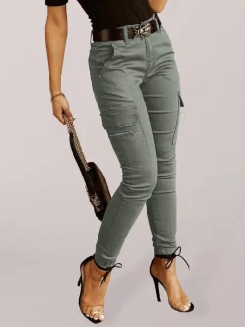 Low Waist Button-Down Solid Color Trousers Pockets
