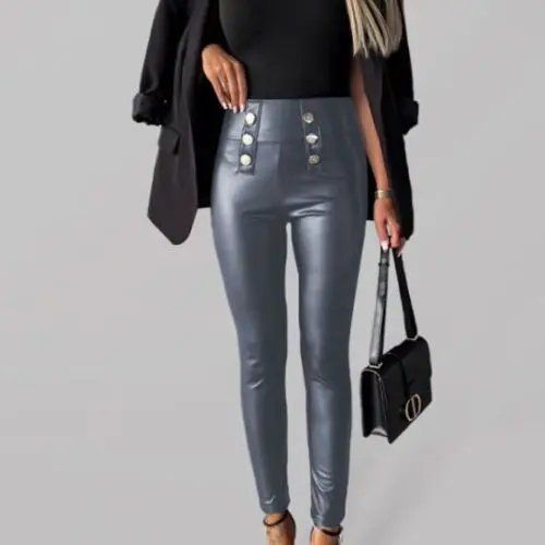 Chic Button-Down Skinny Leather Pants in a Solid Color for Casual Style