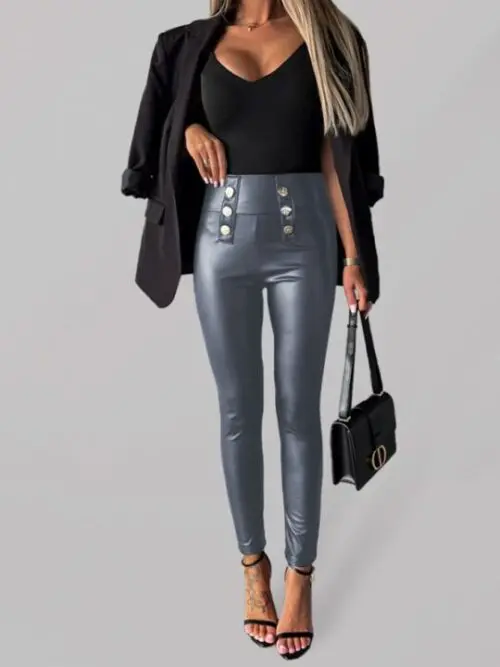 Chic Button-Down Skinny Leather Pants in a Solid Color for Casual Style