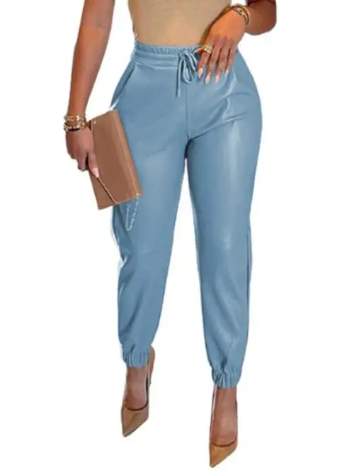 Chic Drawstring Pocket Leather Leggings for Women