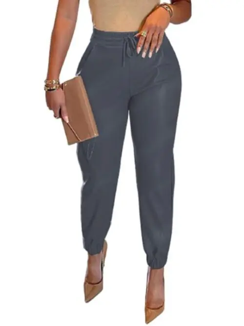 Chic Drawstring Pocket Leather Leggings for Women
