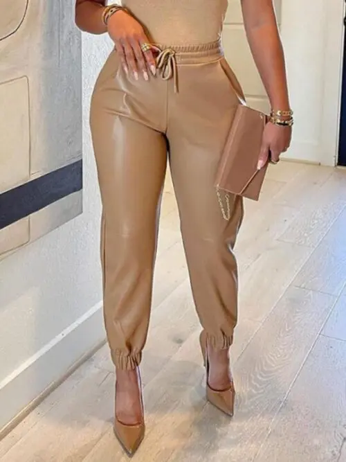 Chic Drawstring Pocket Leather Leggings for Women
