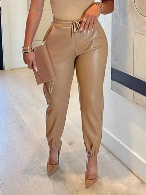 Chic Drawstring Pocket Leather Leggings for Women