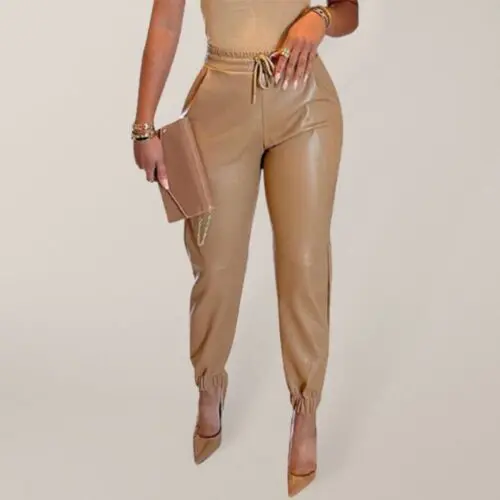 Chic Drawstring Pocket Leather Leggings for Women