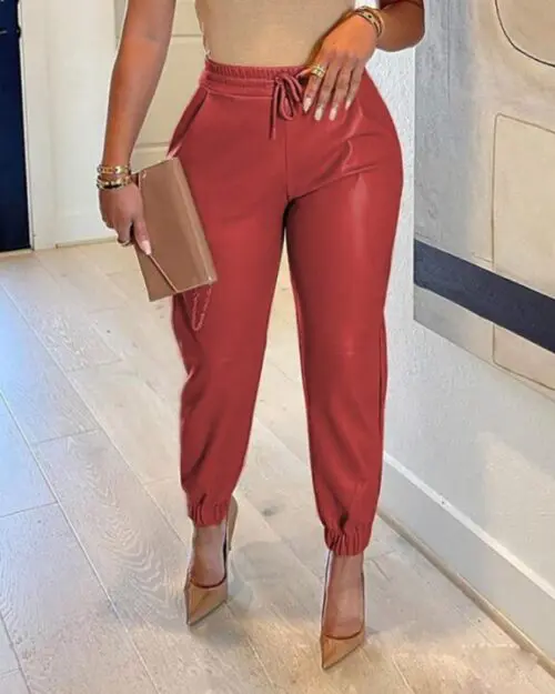 Chic Drawstring Pocket Leather Leggings for Women