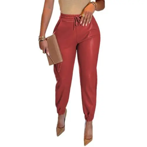 Chic Drawstring Pocket Leather Leggings for Women