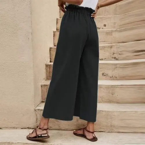 Solid Color Elastic Waist Casual Belted Wide Leg Pants