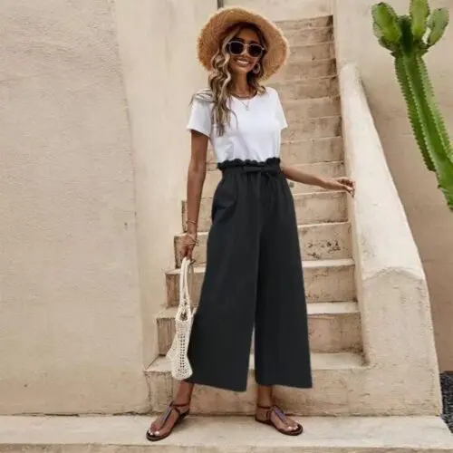 Solid Color Elastic Waist Casual Belted Wide Leg Pants