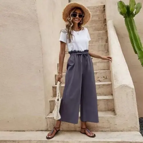 Solid Color Elastic Waist Casual Belted Wide Leg Pants