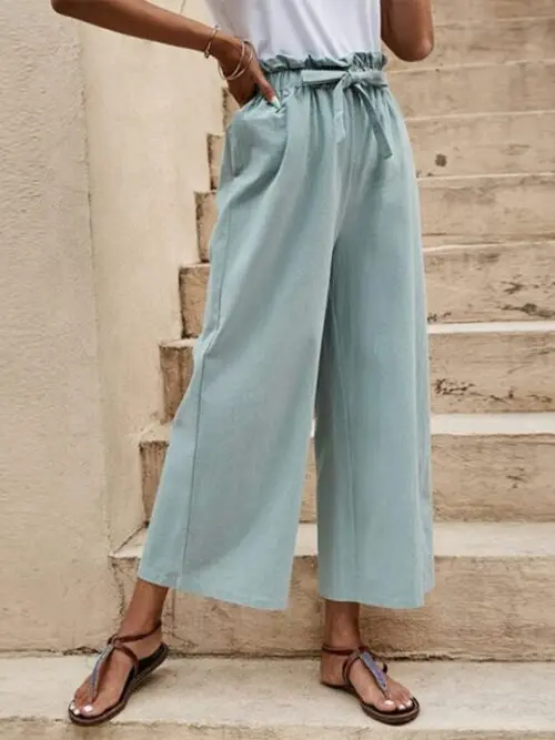 Solid Color Elastic Waist Casual Belted Wide Leg Pants