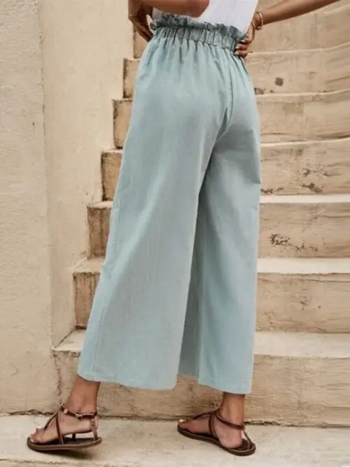 Solid Color Elastic Waist Casual Belted Wide Leg Pants