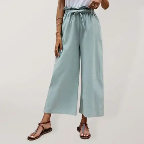 Solid Color Elastic Waist Casual Belted Wide Leg Pants