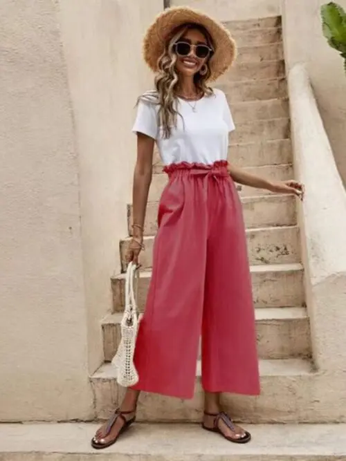Solid Color Elastic Waist Casual Belted Wide Leg Pants