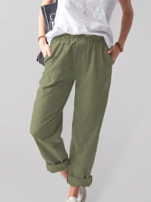 Style solid color casual elastic high waist straight trousers