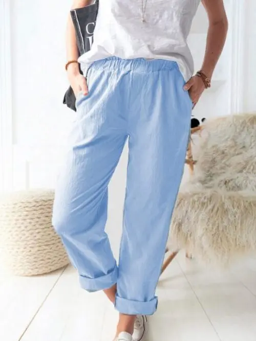 Style solid color casual elastic high waist straight trousers
