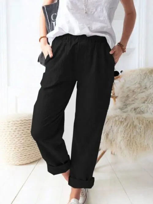 Style solid color casual elastic high waist straight trousers