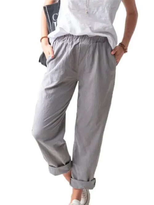 Style solid color casual elastic high waist straight trousers