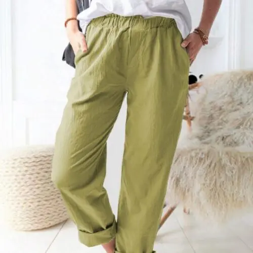 Style solid color casual elastic high waist straight trousers