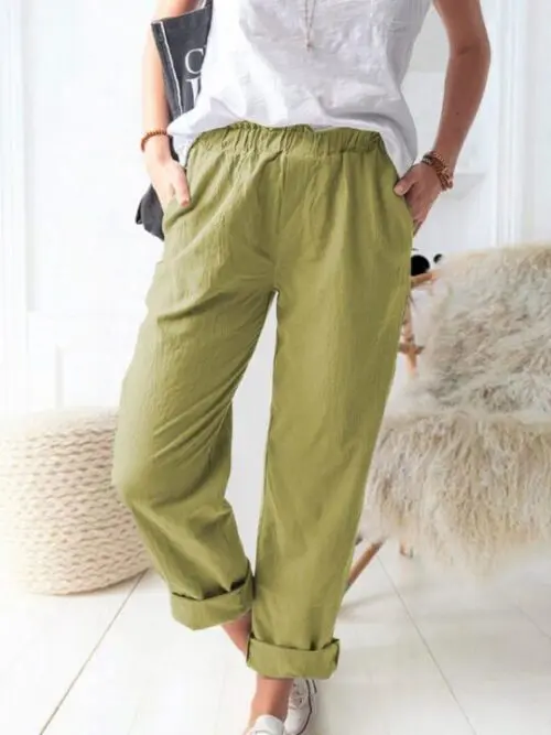 Style solid color casual elastic high waist straight trousers
