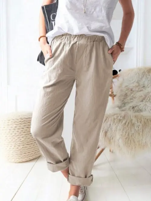 Style solid color casual elastic high waist straight trousers