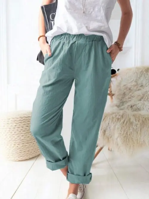 Style solid color casual elastic high waist straight trousers
