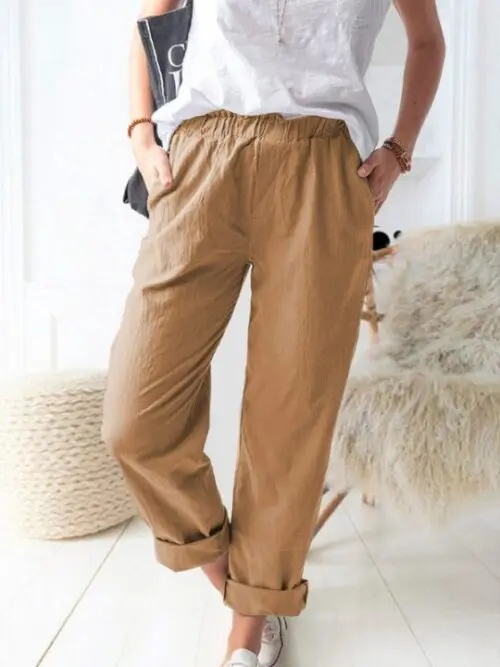 Style solid color casual elastic high waist straight trousers