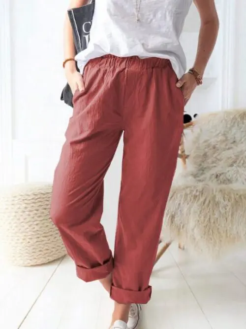 Style solid color casual elastic high waist straight trousers