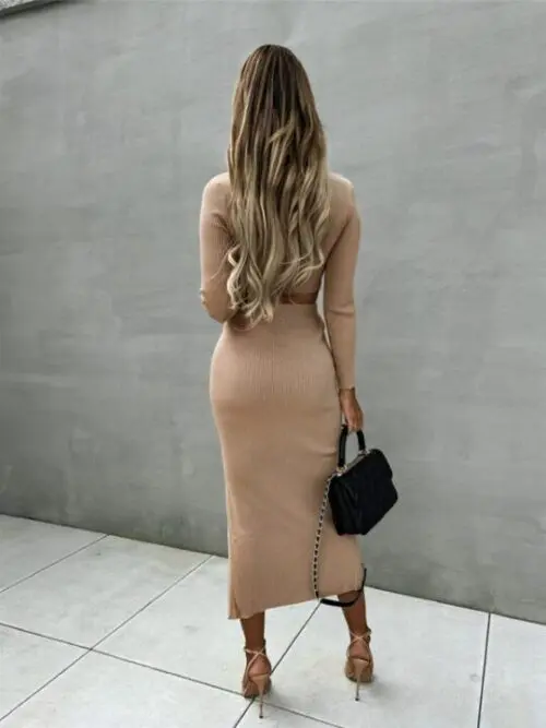 New Style Long-Sleeved Threaded Dress with Sexy Slit, Two-Piece Set