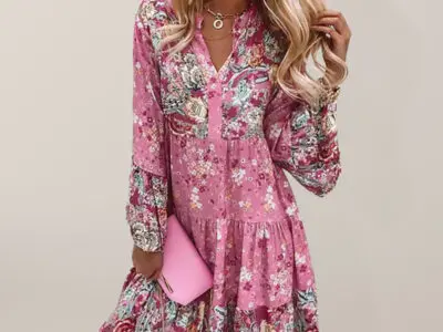 Chic Floral Mosaic-V-Neck Cropped Sleeve Layered Mini Dress