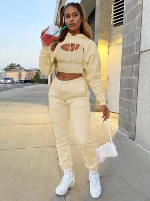 Drawstring Solid Color Hoodie Long Sleeve Drawstring Trousers Vest Three-Piece Suit