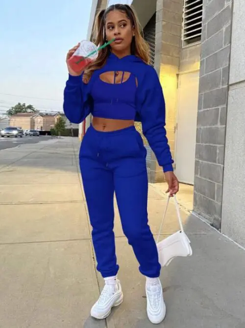 Drawstring Solid Color Hoodie Long Sleeve Drawstring Trousers Vest Three-Piece Suit
