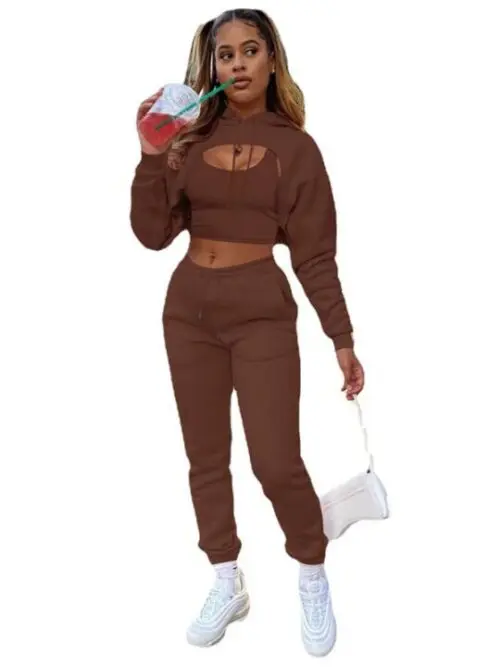 Drawstring Solid Color Hoodie Long Sleeve Drawstring Trousers Vest Three-Piece Suit