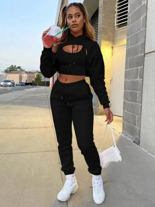Drawstring Solid Color Hoodie Long Sleeve Drawstring Trousers Vest Three-Piece Suit