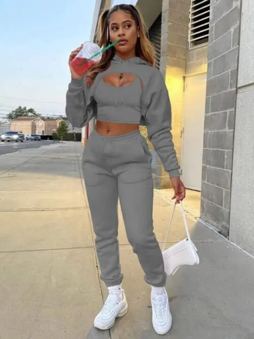 Drawstring Solid Color Hoodie Long Sleeve Drawstring Trousers Vest Three-Piece Suit