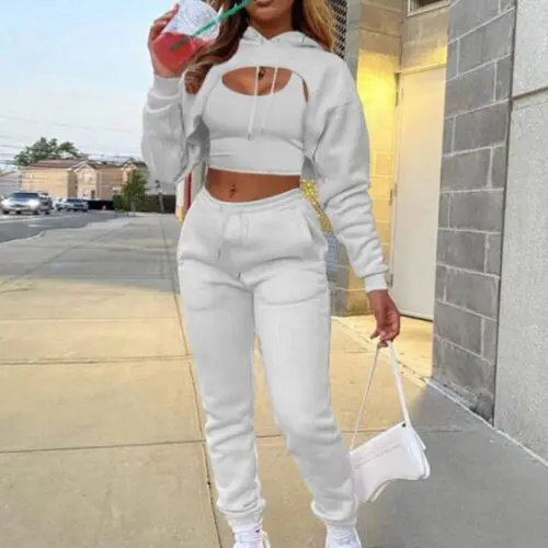 Drawstring Solid Color Hoodie Long Sleeve Drawstring Trousers Vest Three-Piece Suit