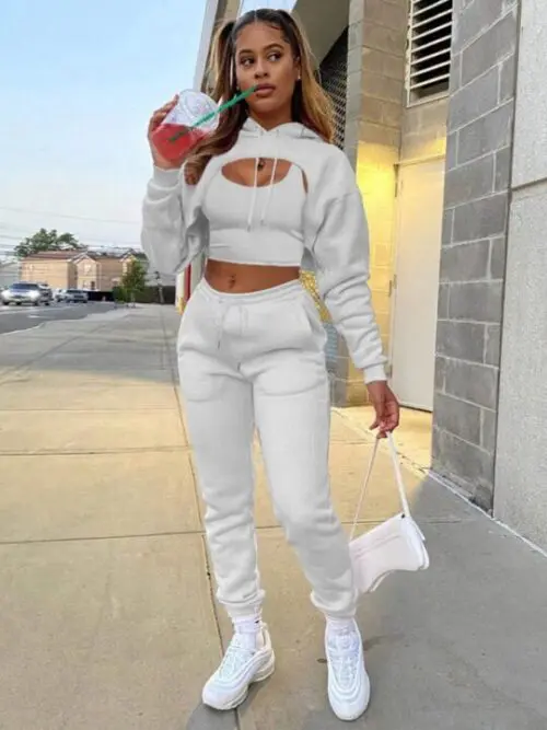 Drawstring Solid Color Hoodie Long Sleeve Drawstring Trousers Vest Three-Piece Suit
