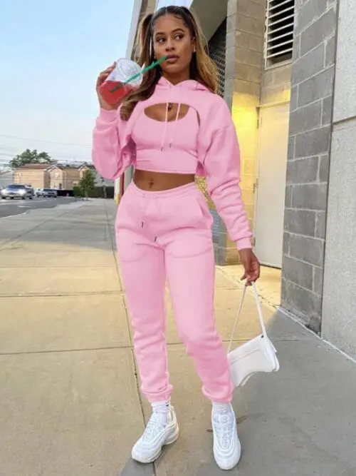 Drawstring Solid Color Hoodie Long Sleeve Drawstring Trousers Vest Three-Piece Suit